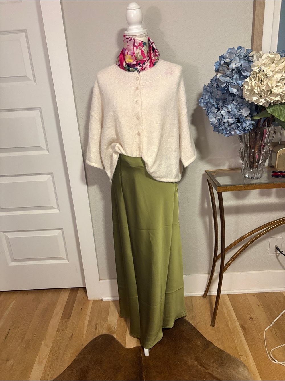 Commense Olive Satin Maxi Skirt